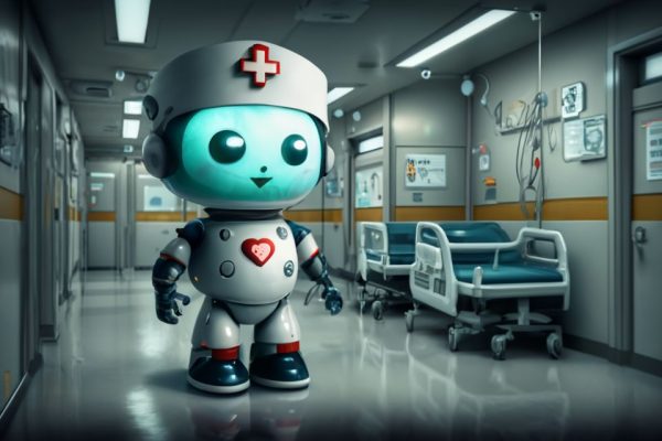 A white, humanoid robot nurse with large, friendly eyes and a gentle smile stands in a brightly lit hospital room.